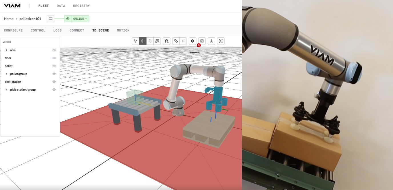 The palletizing cell in the Viam app 3D scene beside the real arm picking a box